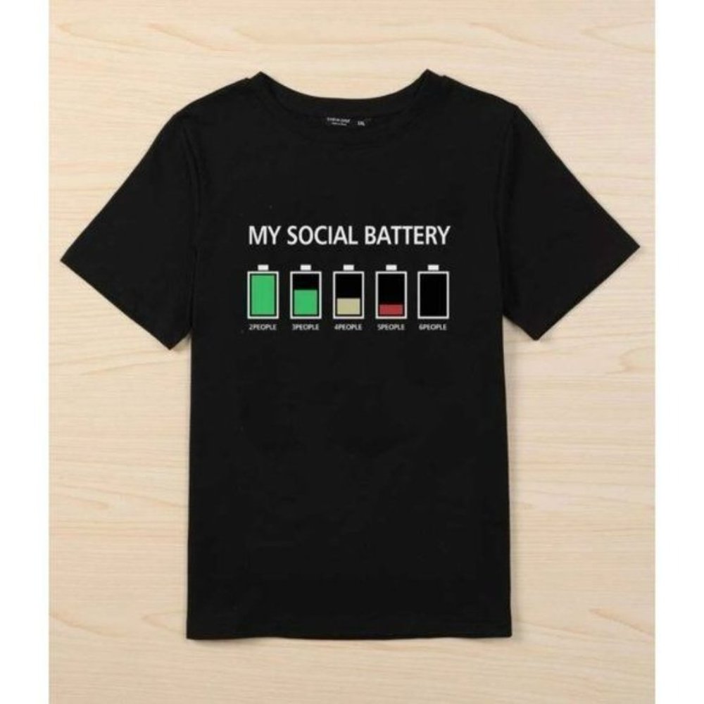 SHEIN My social Battery & Letter Graphic Tee Crewneck short Sleeve - Picture 2 of 9